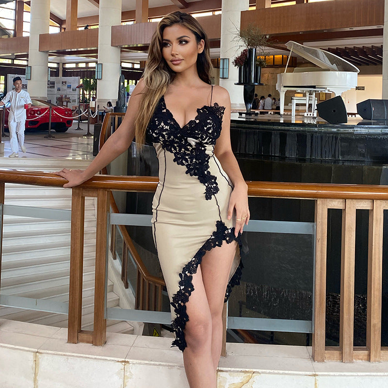 Deep V-neck halter-neck slim-fitting backless party bodycon mini skirt