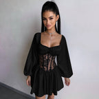 Satin Patchwork Off-Shoulder Dress, Sexy Sheer Mini Skirt
