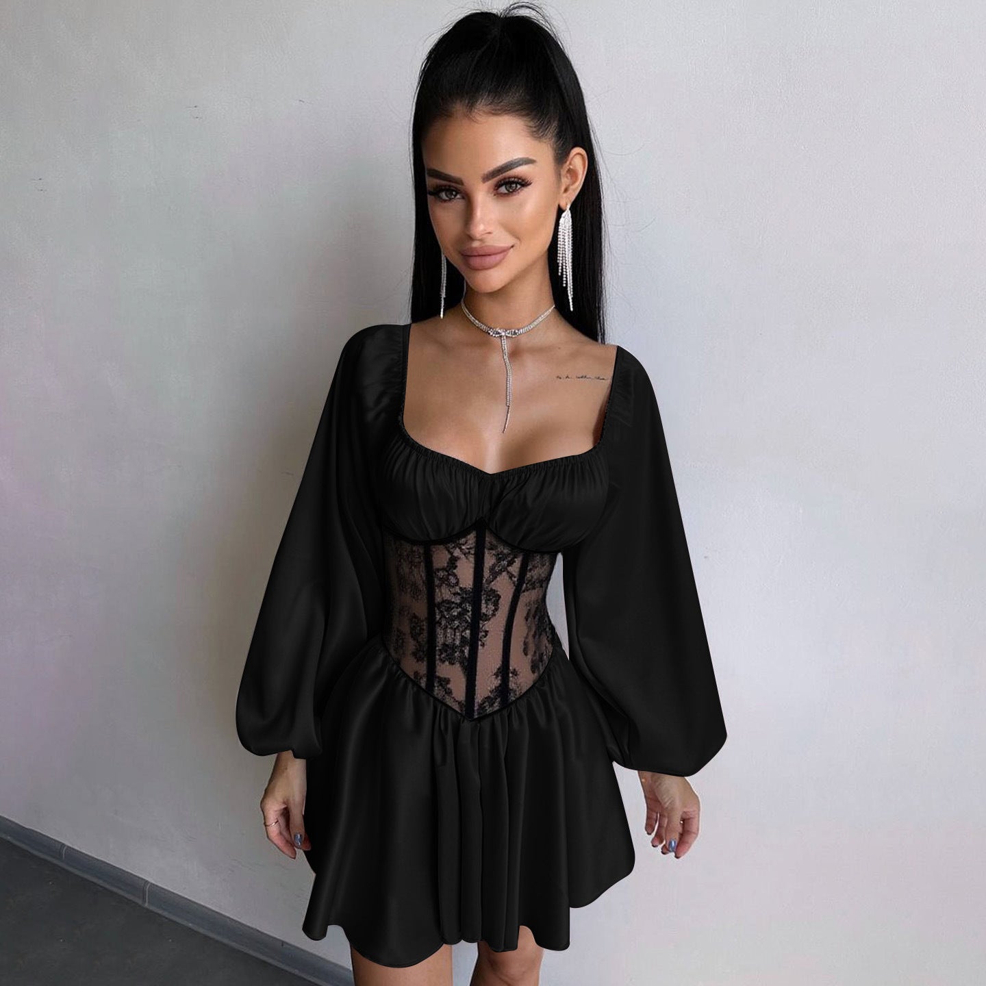 Satin Patchwork Off-Shoulder Dress, Sexy Sheer Mini Skirt