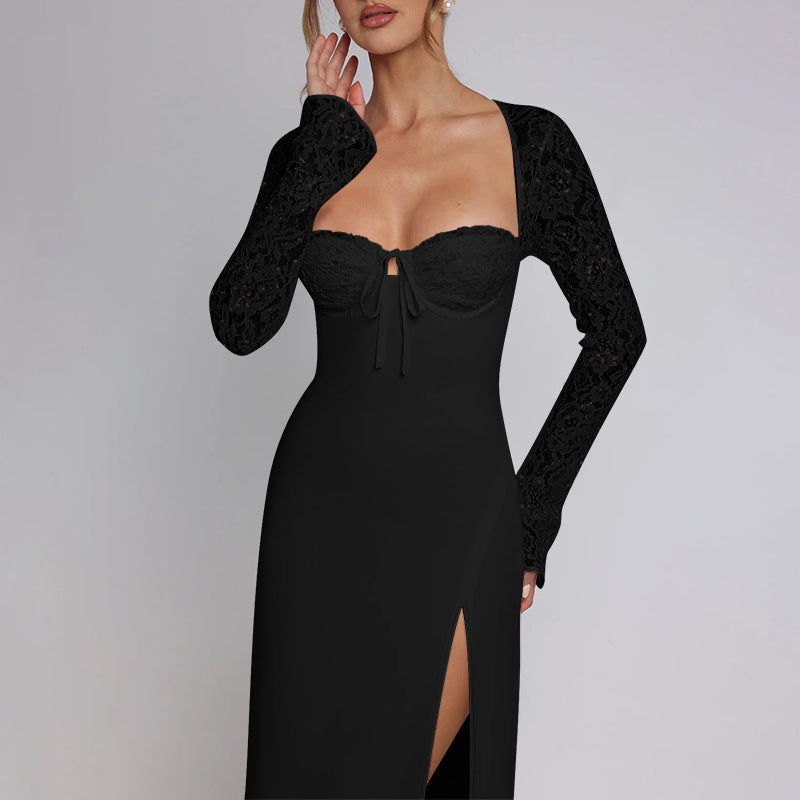 Sexy Lace-Trimmed Long Dress, Slim Fit with Slit
