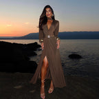 Sexy deep V-neck fitted waist slit long sleeve dress, vacation style