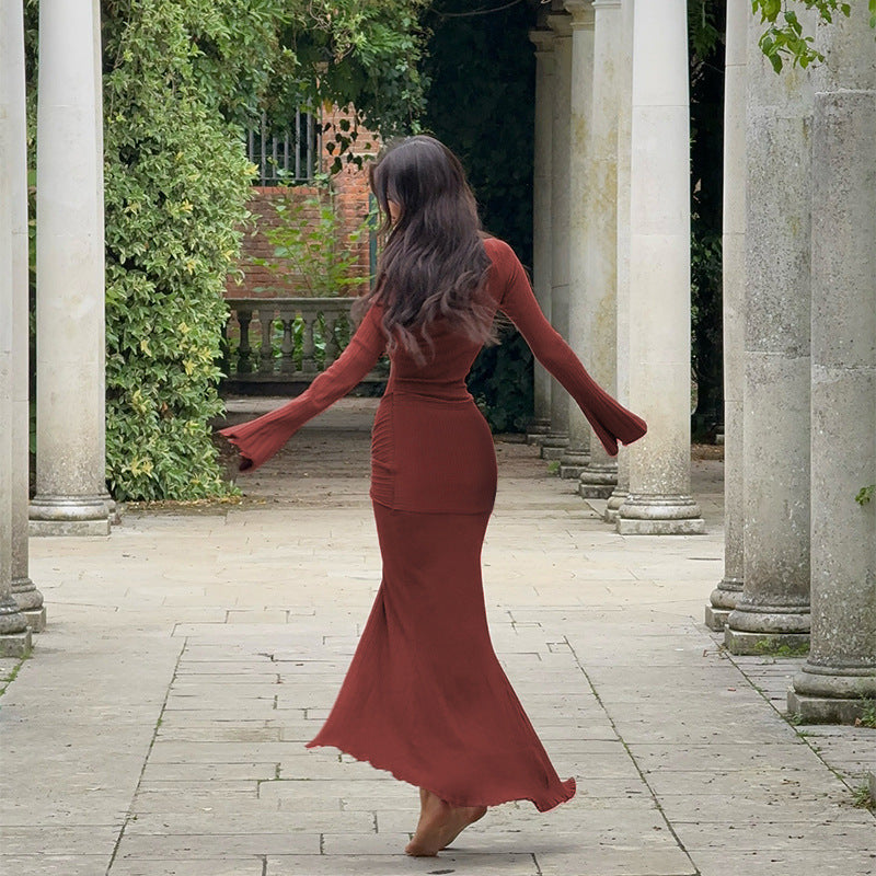 Knitted round neck long-sleeved sexy slit maxi dress