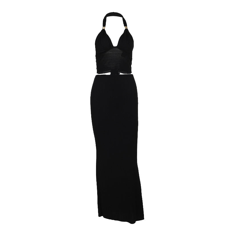 Elegant metallic halter neck skirt set