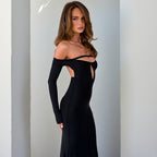 Sexy off-the-shoulder long-sleeved dress, solid color slim-fit bodycon skirt