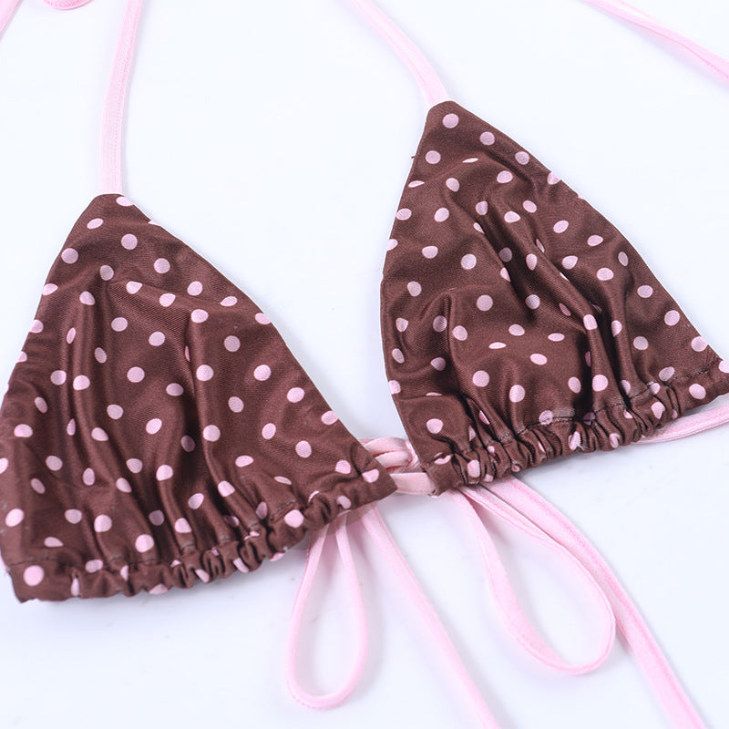 Lace-up Sexy Polka Dot Print Bikini Cover-up with Slit Three-Piece Set