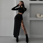 Elegant basic side slit tie-up midi skirt long-sleeved two-piece set