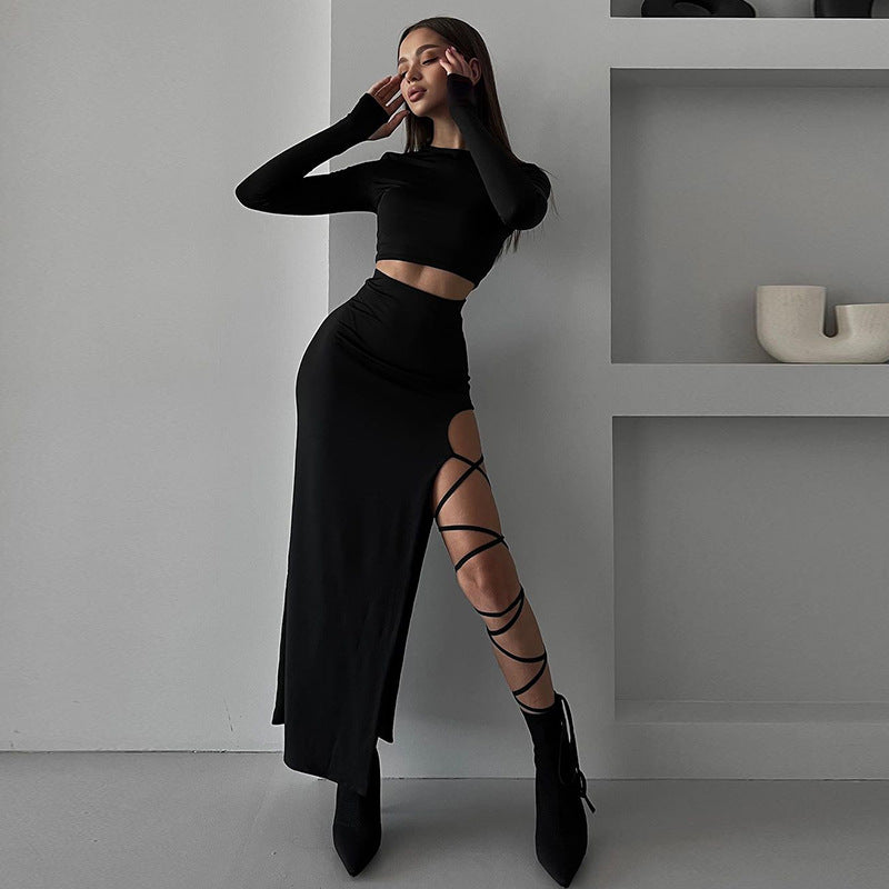Elegant basic side slit tie-up midi skirt long-sleeved two-piece set