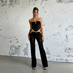 Flocked, tie-waist, strapless top and trousers two-piece set