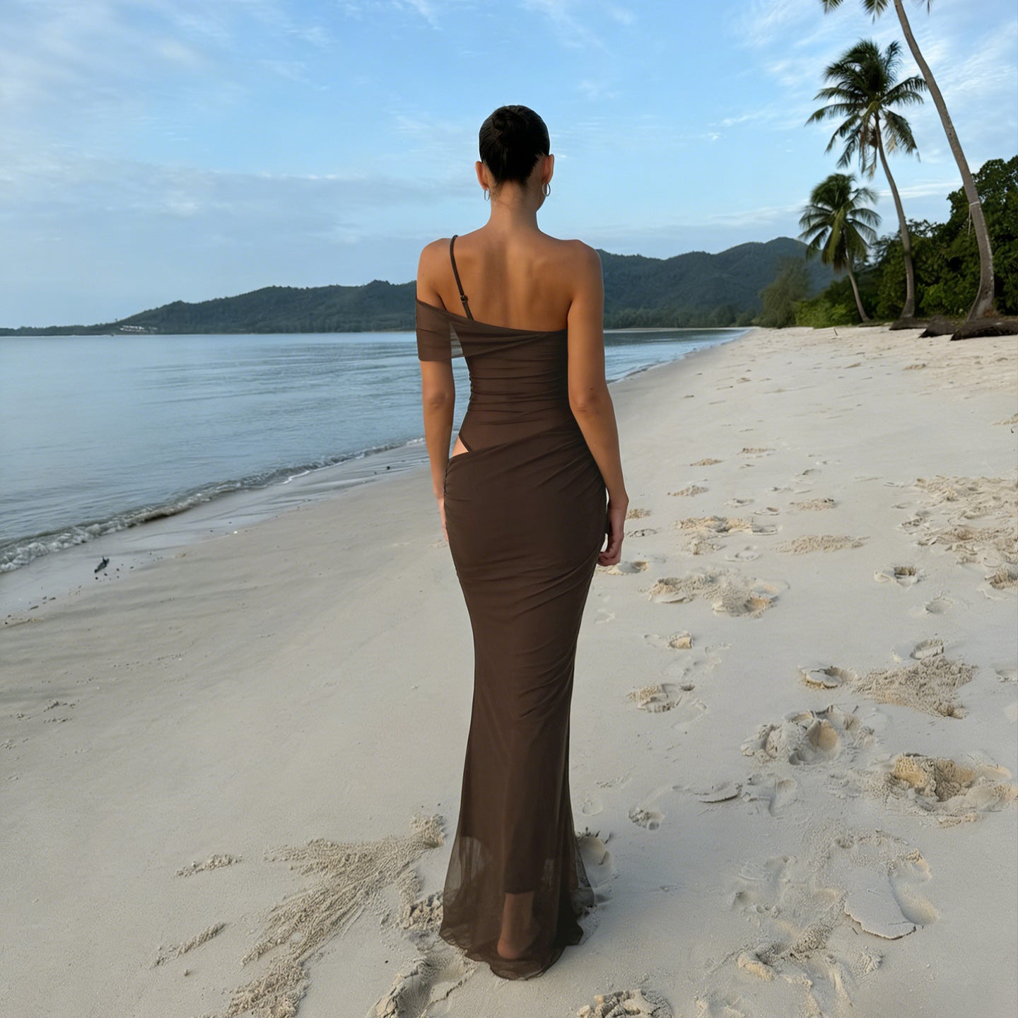 Elegant and sexy off-shoulder mesh see-through long dress for women