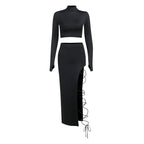 Elegant basic side slit tie-up midi skirt long-sleeved two-piece set