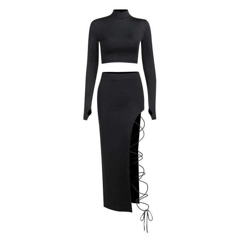 Elegant basic side slit tie-up midi skirt long-sleeved two-piece set