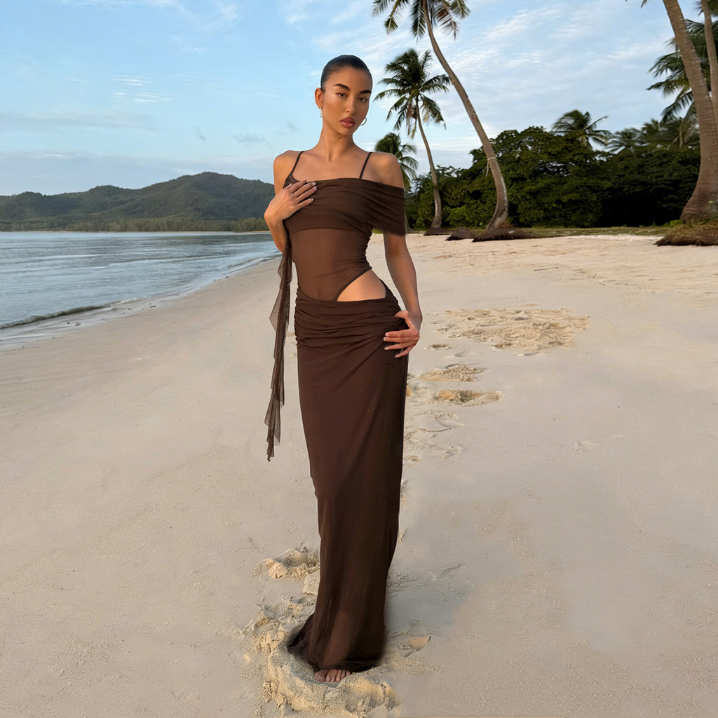 Elegant and sexy off-shoulder mesh see-through long dress for women