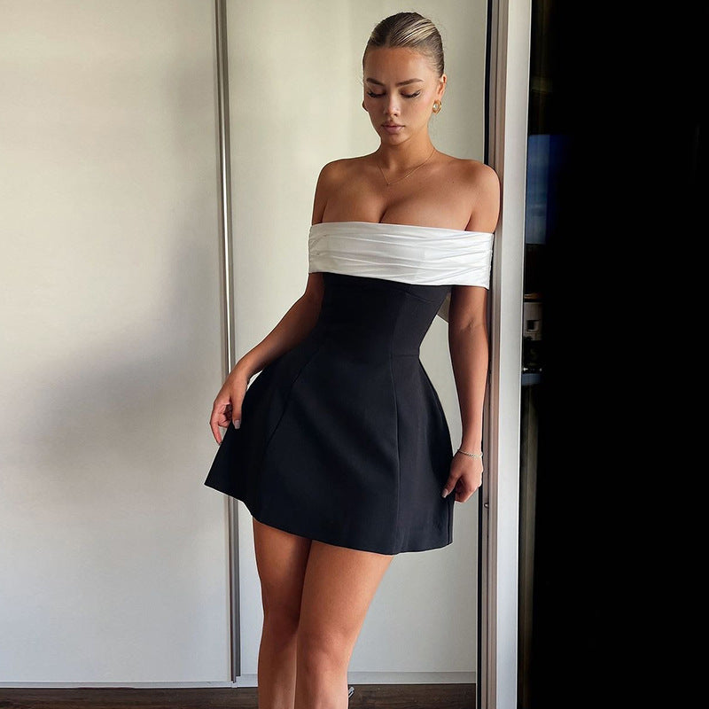 Elegant, Slim-fitting Off-the-shoulder Color-blocked Dress