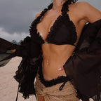 Midriff-baring strapless lace hot spring beach two-piece bikini set