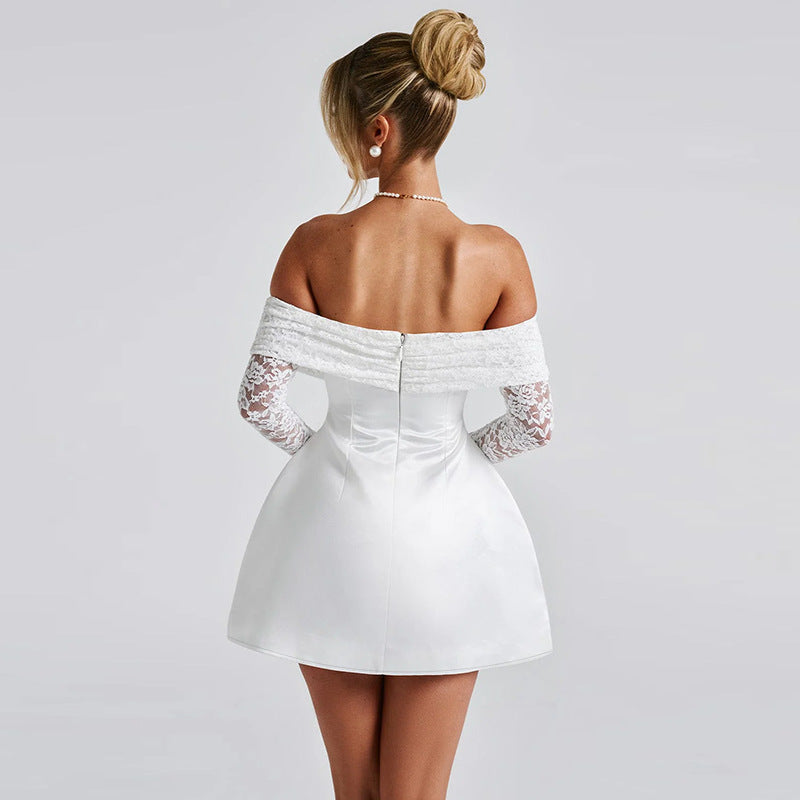 Bodycon mini skirt, Chanel-inspired, elegant, sexy, fitted off-the-shoulder lace dress