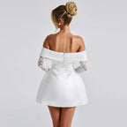 Bodycon mini skirt, Chanel-inspired, elegant, sexy, fitted off-the-shoulder lace dress