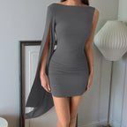 Fashionable and Sexy Pocket-Style Backless One-Shoulder Long-Sleeve Bodycon Dress