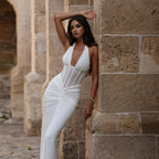 Sexy halter neck pleated elegant backless evening gown