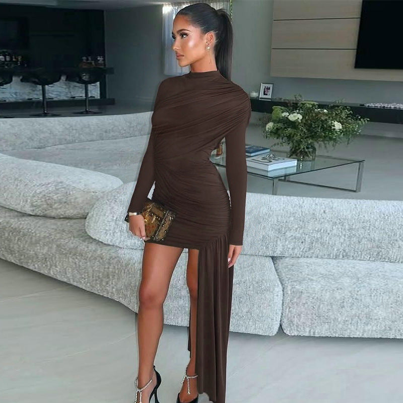 Gathered design, fitted waist, elegant bodycon dress with ribbons, long sleeves