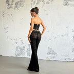 Flocked, tie-waist, strapless top and trousers two-piece set