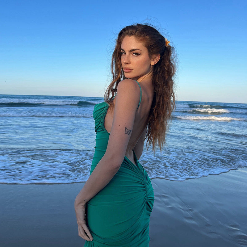Backless, gathered, bodycon, casual, slim-fitting long vacation dress