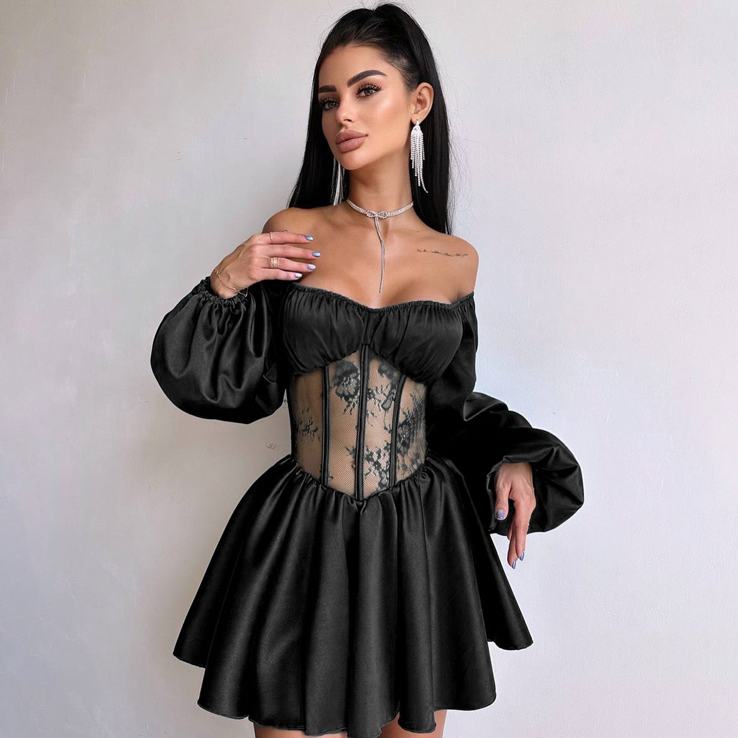 Satin Patchwork Off-Shoulder Dress, Sexy Sheer Mini Skirt