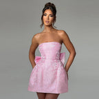Elegant and sexy jacquard strapless mini dress with bow