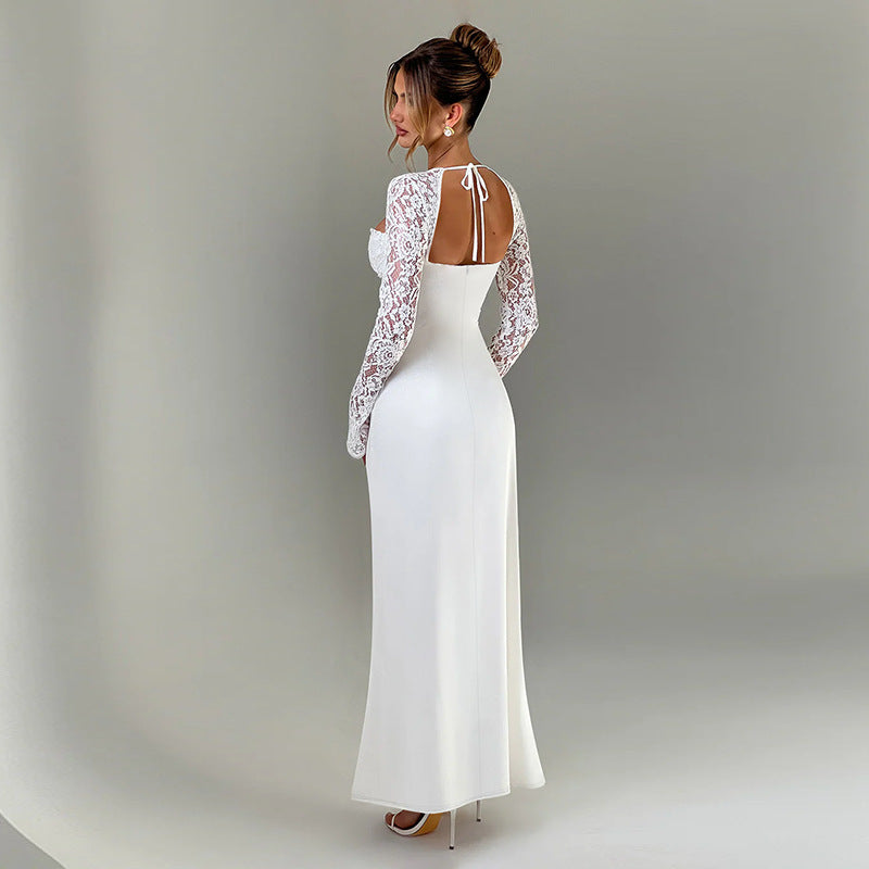 Sexy Lace-Trimmed Long Dress, Slim Fit with Slit