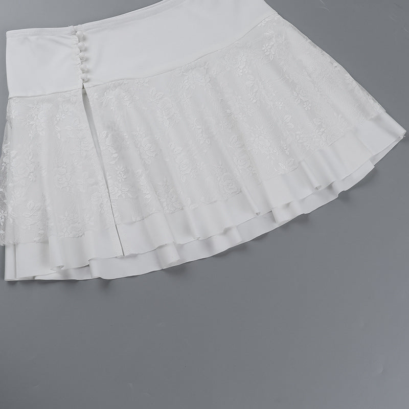 Spaghetti strap lace-trimmed belted top and high-waisted sexy slit mini skirt vacation set