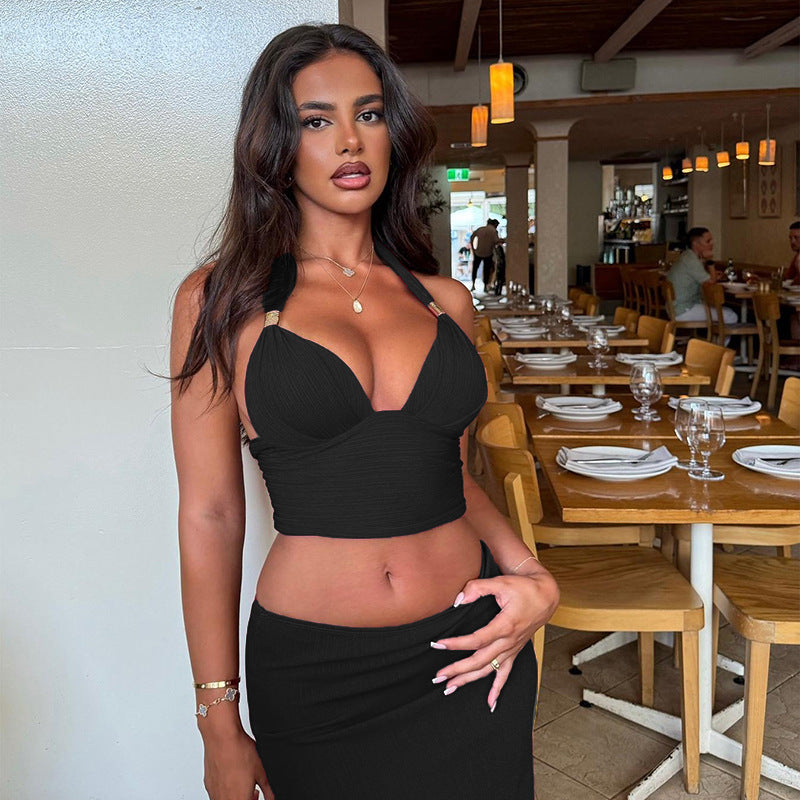 Elegant metallic halter neck skirt set