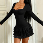 Square neckline ruffled mini dress, long-sleeved dress
