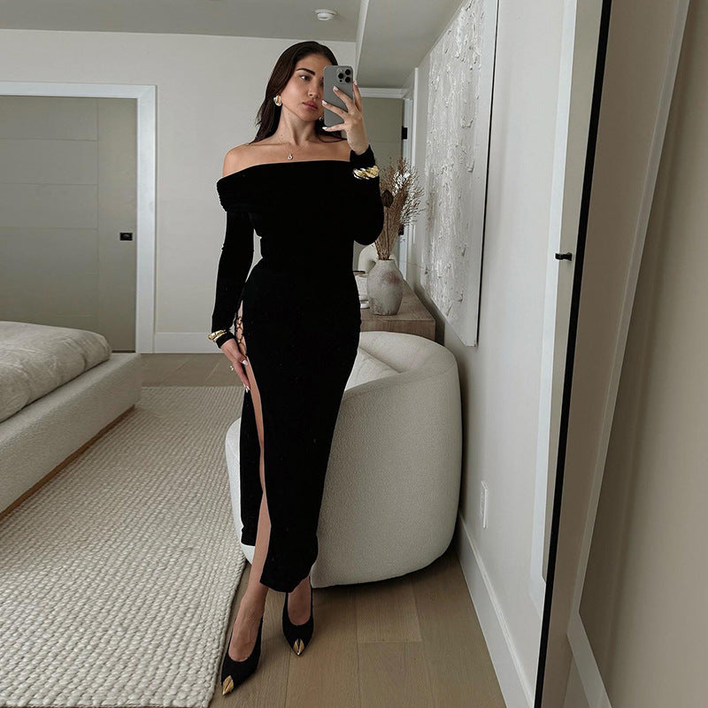 Black off-the-shoulder dress with metal ring design and high slit long sleeves.