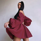 Satin Patchwork Off-Shoulder Dress, Sexy Sheer Mini Skirt