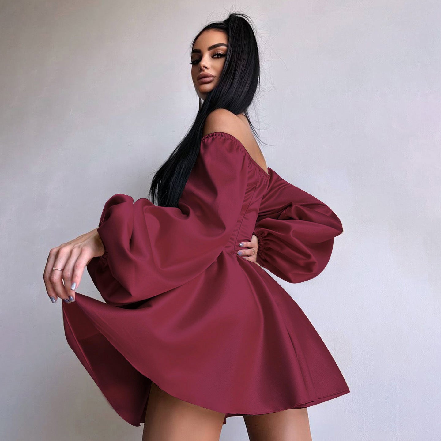 Satin Patchwork Off-Shoulder Dress, Sexy Sheer Mini Skirt